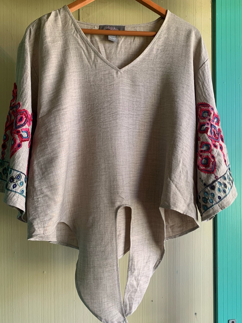 Beige Boho Embroidered V-Neck Tunic Top